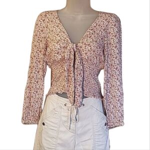 American Eagle Crop Top Bishop Sleeve Floral Shirred Waist Plunging Neck Blouse